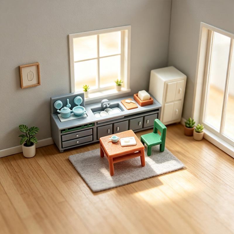 Miniature Kitchen Living Room Furniture Ornament Dollhouse Mini Sink Cabinet Table Chair Model Dollhouse Scene Layout Props