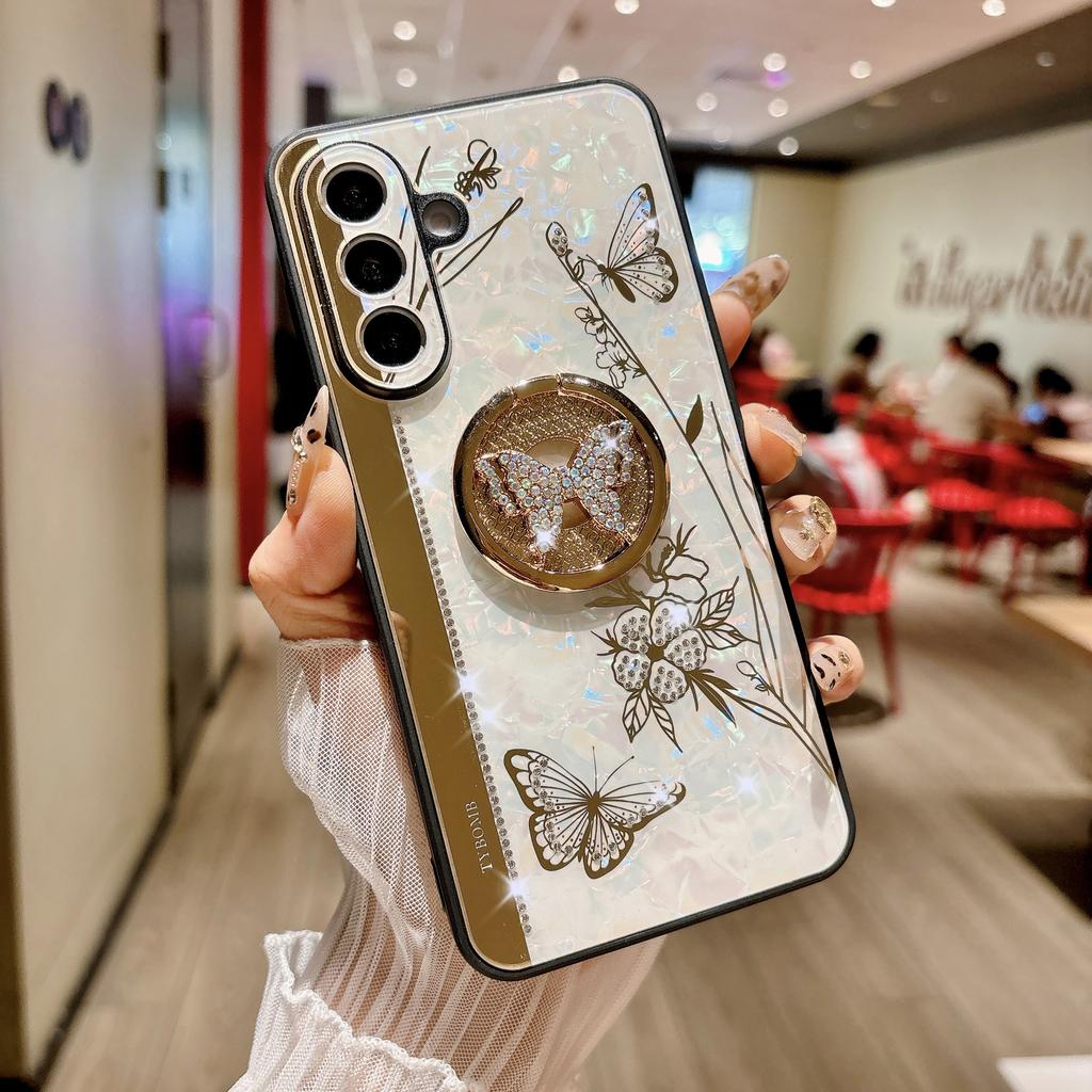 Pro Samsung Galaxy A36 5G Pouzdro Kamínky Dekor Stojánek TPU+PC Motýl Květinový Kryt na Telefon