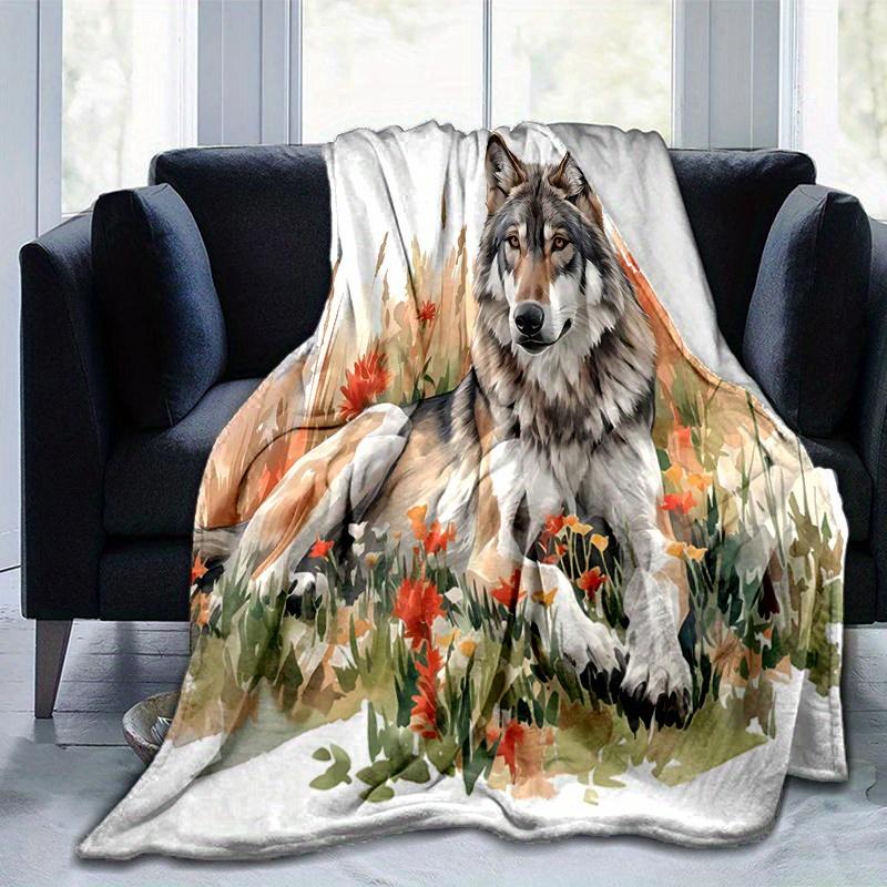 1pc Wild Wolf Amidst Autumnal Wildflowers Blanket  Cartoon Throw for Home Decor, Gift Idea, Room Decoration, Living Room, Travel, Camping