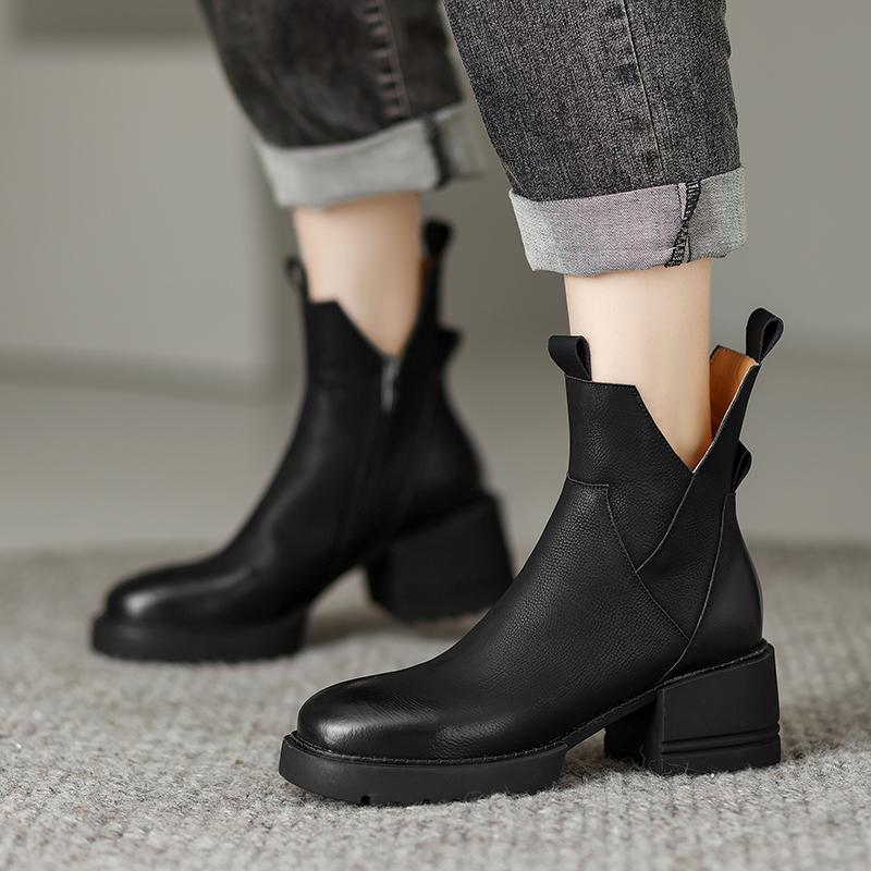 Fashion 2024 New Winter Women Shoes Platform Boots Fashion Women Boots Round Toe Chunky Heel Boots Women Solid Women Shoes Leather Shoes