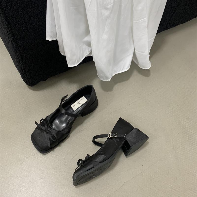 AL Small Fragrant Style Satin Bow Thick Heel Mary Jane Shoes Women's Evening Shoes Spring Light Mouth Medium Heel Single Shoes Small Leather Shoes