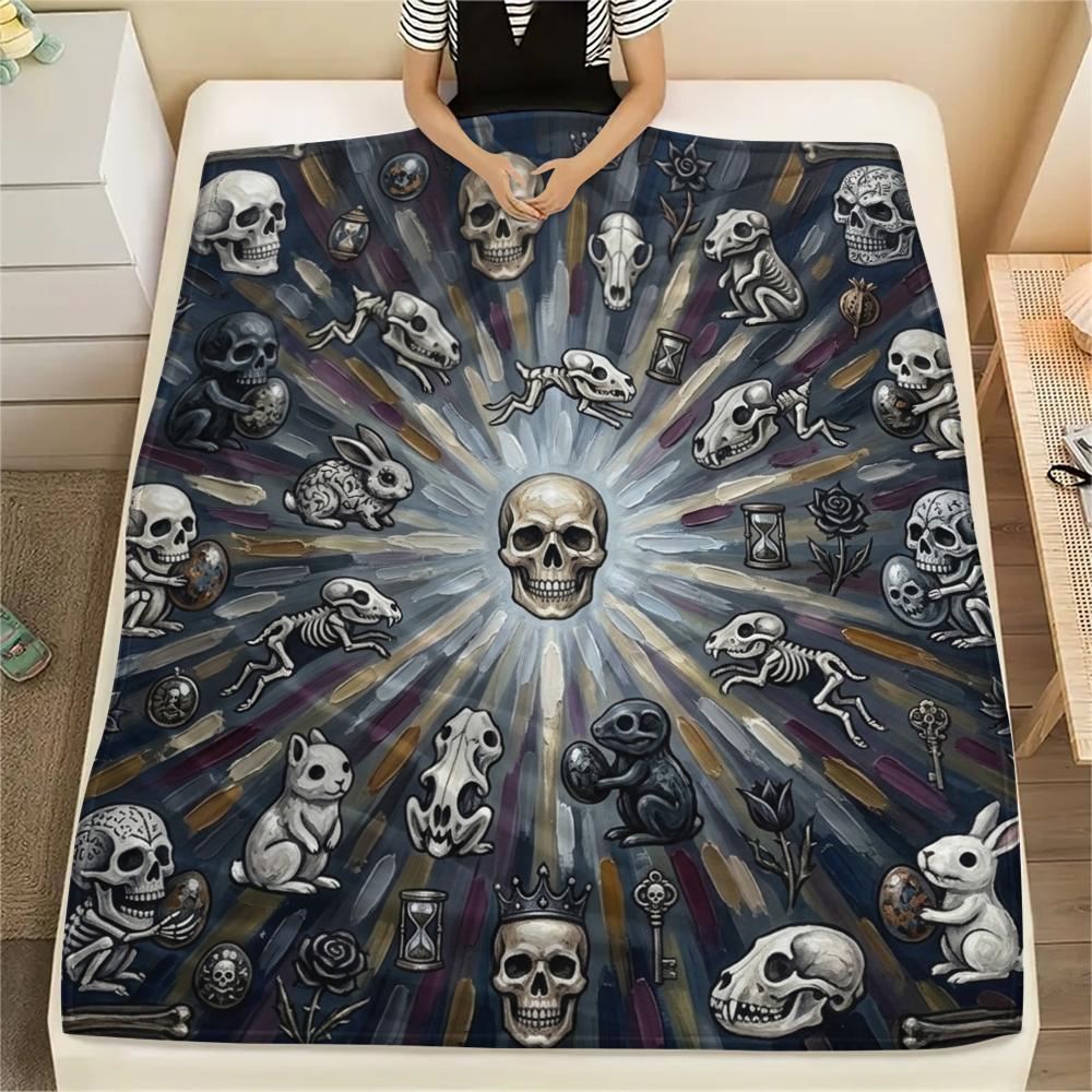 1Pc Skull Print Flannel Blanket, High quality Comfortable for All Seasons, Home Decor, Warmth and Comfort, Perfect for Christmas Gifts W52