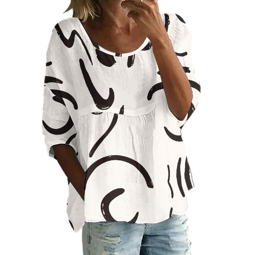 Linen Shirts For Women 3/4 Sleeve Button Down O Neck Summer Tops Dressy Casual Cute Shirts