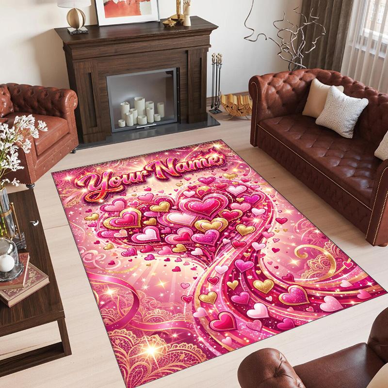 Hearts Theme Crystal Velvet Floor Rug Personalized Custom Name Text Warm Carpet Home Decoration