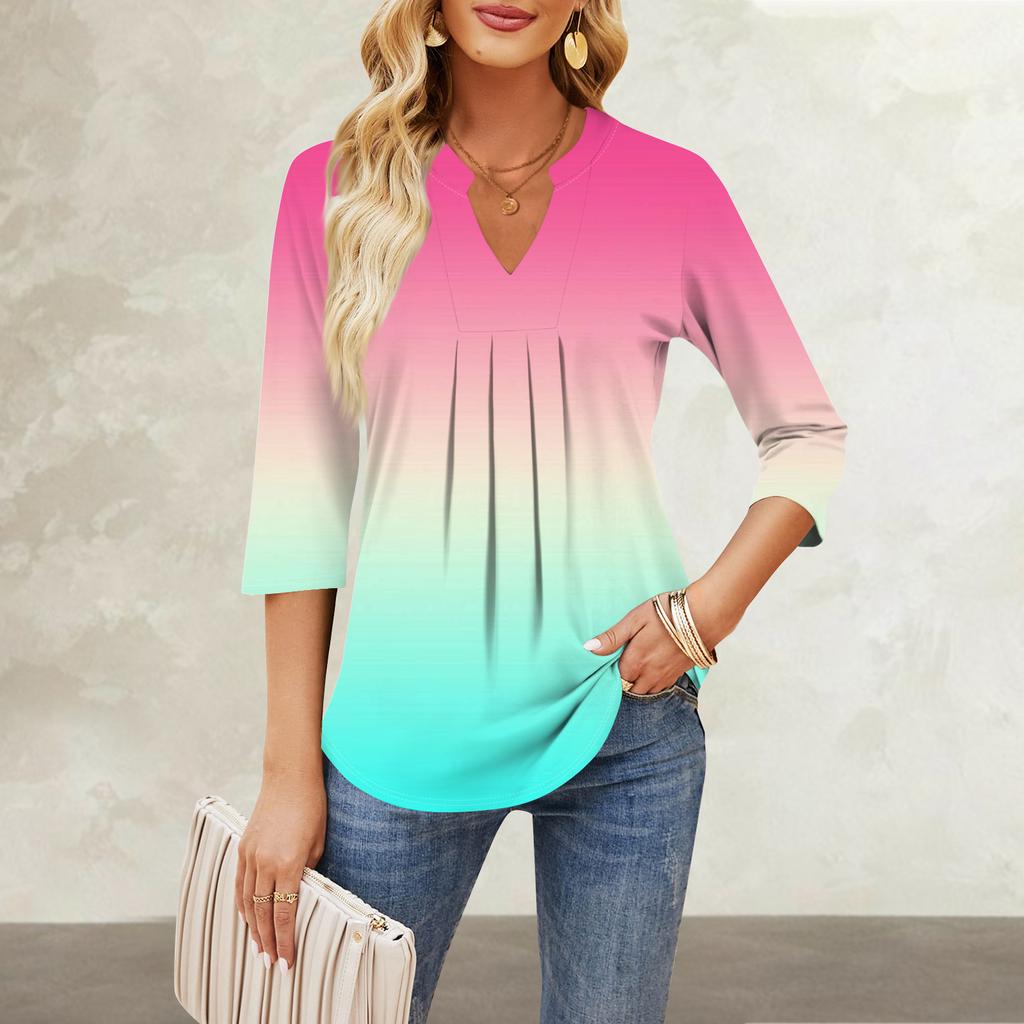 Damen Siebenviertelärmel Tops Lässig V-Ausschnitt Brustrüschen Einfarbig Locker T-Shirt Tops