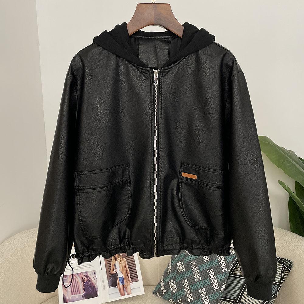 OFTBUY Damen Kapuzenjacke Vintage Locker Pu Kunstleder Hut Kurze Jacke Lässig Motorradjacke Damen Reißverschluss Retro Moto Biker Mantel Oberbekleidung Tops