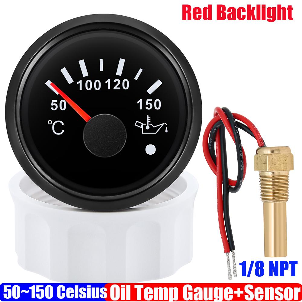 Auto Car Boat 2" 52mm Oil Temperature Gauge with Warning Red Light 50~150℃ Oil Temp Meter+Sensor 1/8NPT M14X1.5 DC12V 24V