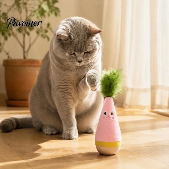 Interactive Exercise Toy for Kittens Wooden Wobble Cat Toy, Self-Righting Tumbler with Feather Indoor Cats, Plush Stable Pets Punching Bag Solid Wood