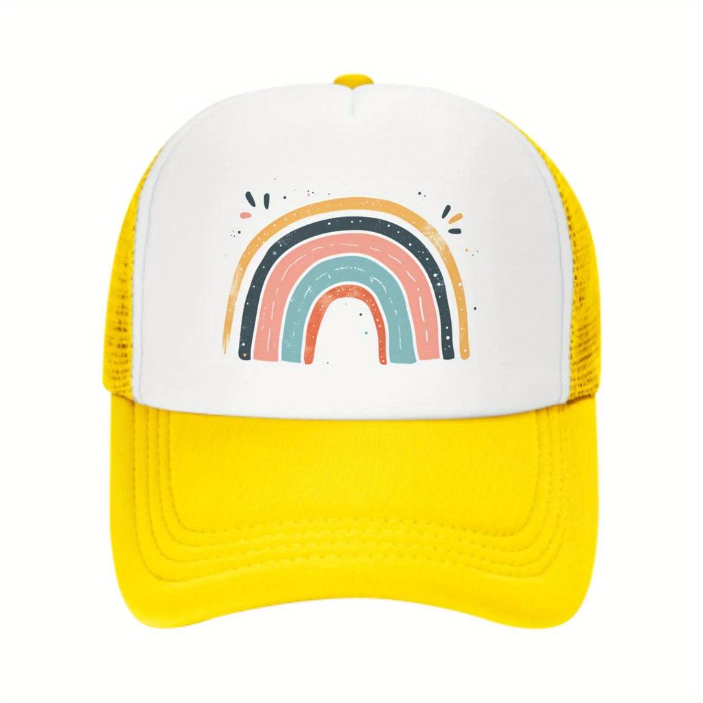 Rainbow Graphic Trucker Hat Pink Mesh Back Adjustable Baseball Cap Breathable Summer Outdoor Sports Cap