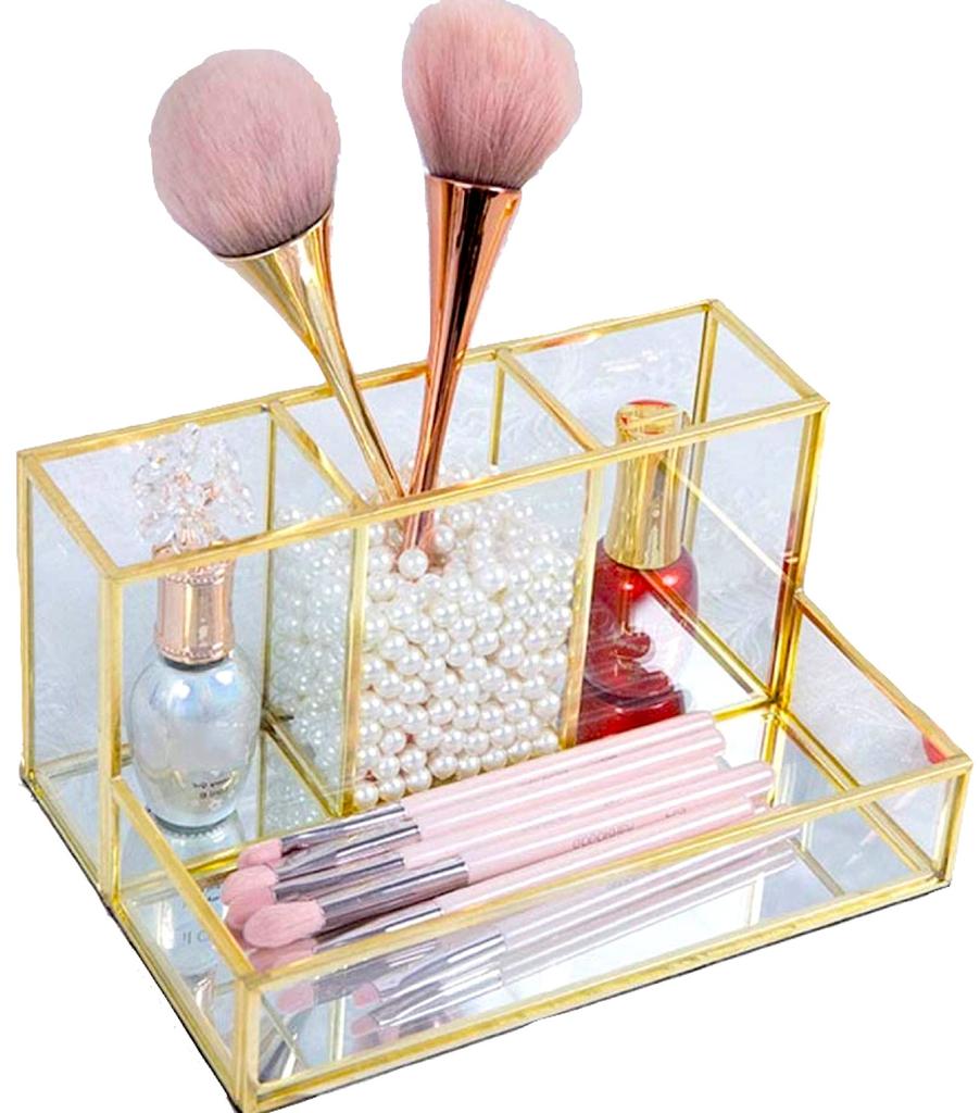 Pearpark Luxury Makeup Brush Brass and for Makeup Brushes and Transparent Brush Stylish Small Item Brush Glass Display Storage Case, Glass, Cosmetics,