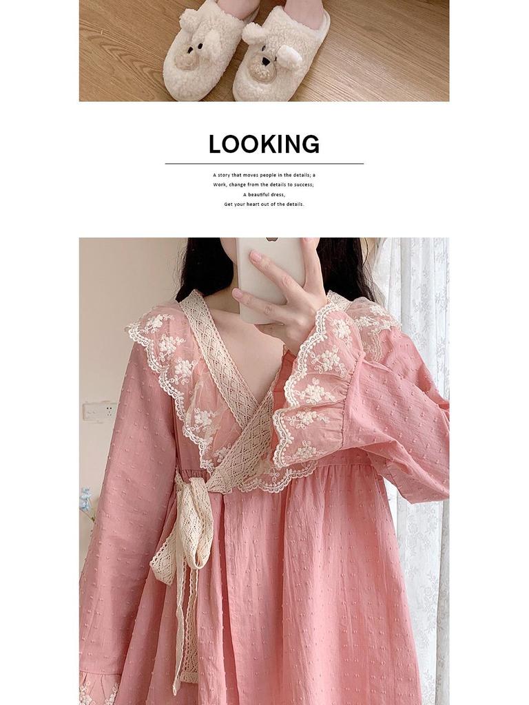 Women's Autumn Princess Style Long Sleeve Pajama Set - Sweet Retro Kimono Design