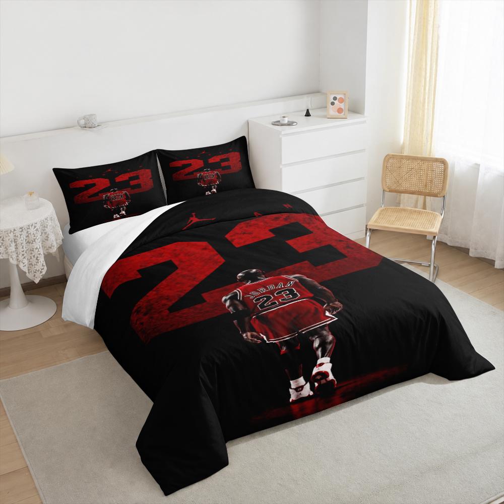 3 Piece Bedding Set with Duvet Cover and 2 Pillowcases - Michael Jordan Bulls Red Number 23 Back Minimal Print - Black Red Basketball Decor for Fans