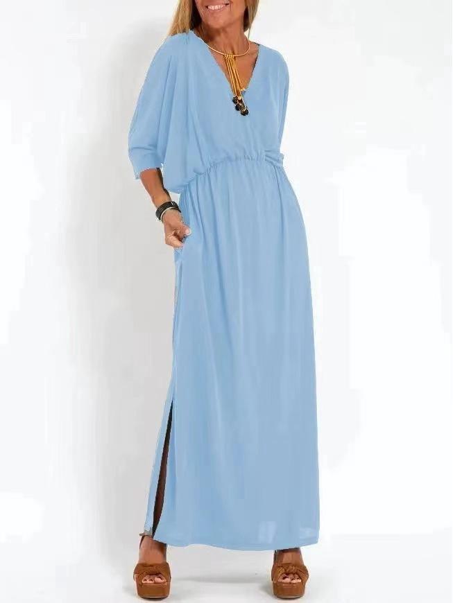 Spring/Summer High-Waisted V-Neck Slit Dress – European & American Fashion
