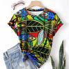 T-shirt da donna estiva a girocollo a maniche corte con motivo astratto stampato in 3D, artistica, leggera, casual e alla moda