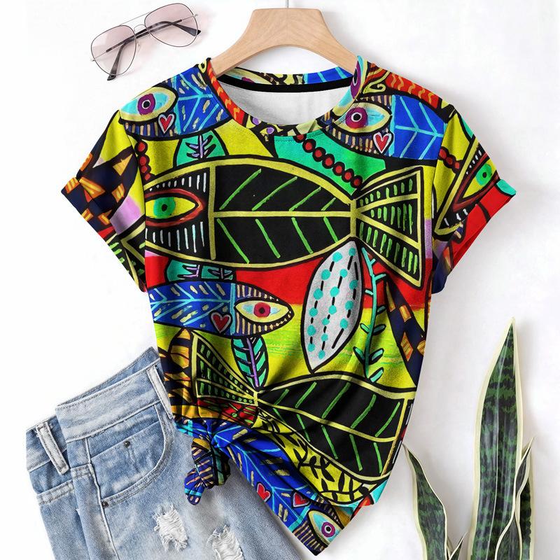 

Летняя футболка с круглым вырезом, короткими рукавами и абстрактным узором с 3D-принтом, художественная, легкая, повседневная и модная женская футболка 6XL