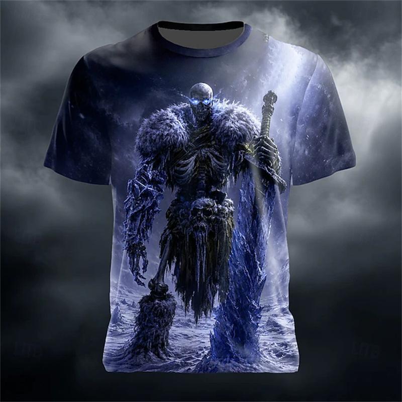 2026 Summer 3D Skull Print with Fire Pattern Men's T-Shirt - Stylish Round-Neck Short-Sleeve T-Shirt - Spooky Halloween Top