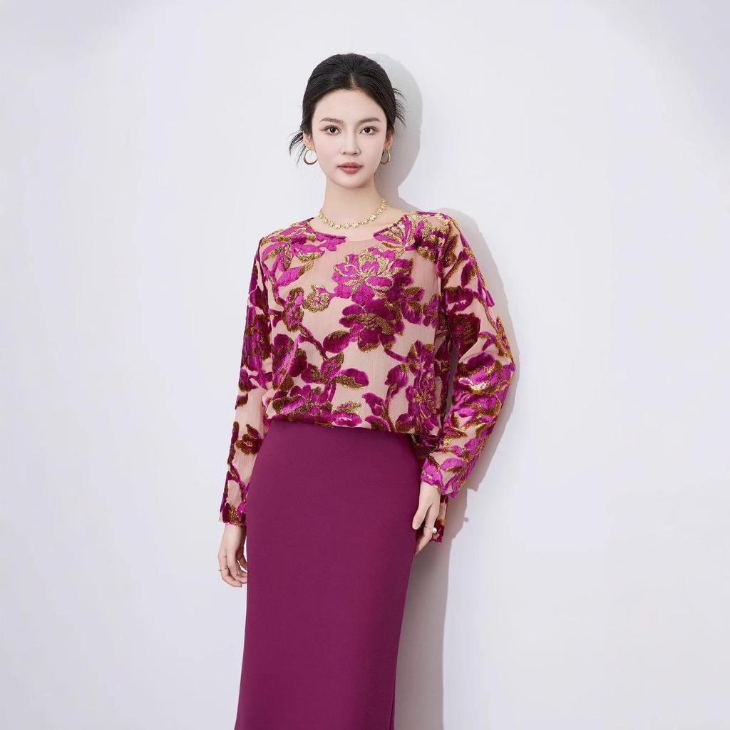 Luxury Women's Long Sleeve Flocked Top with Bright Silk Burnout Design