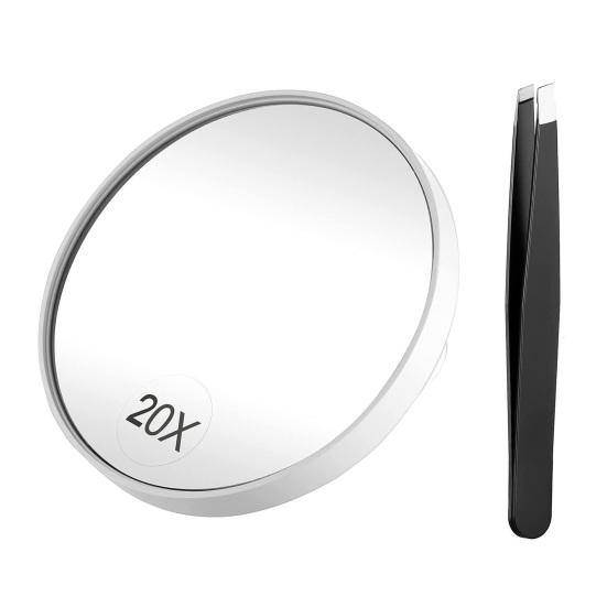 1 Set Specchio Ingranditore 20/10X con Ventosa E Pinzetta Trasparente Rotondo Piccolo Specchio per Trucco Rasatura Articoli da Bagno Viaggio