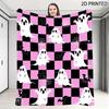 Halloween Cute Ghost Print Throw Blanket, Playful Whimsical Black Pink Checkered Design with Spiders & Bats, Multiple Specificat