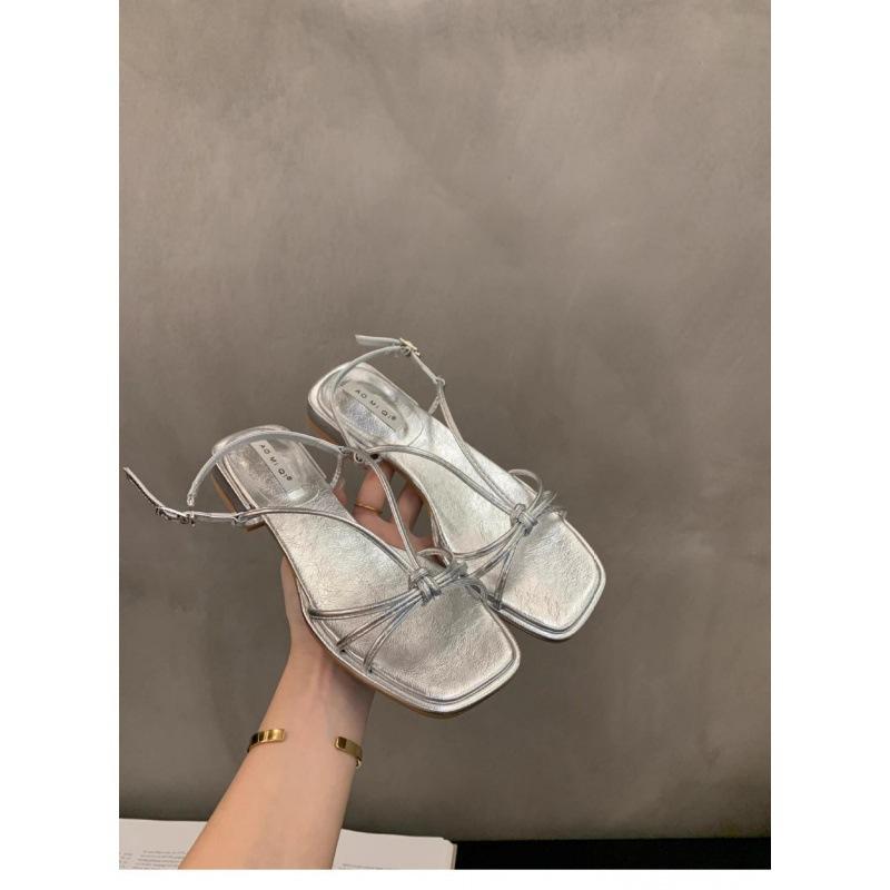 2025 spring and autumn new niche French flat-bottomed thin-strapped sandals fairy shoes square head open-toed versatile Roman cool