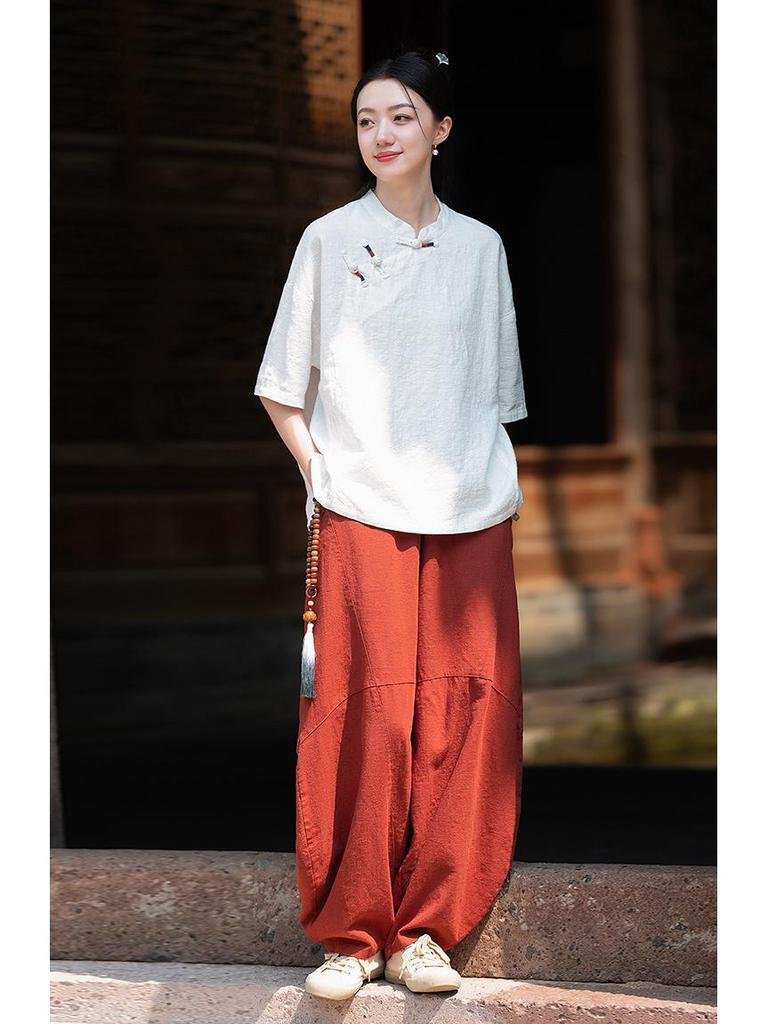 Women’s Retro Chinese Style Short Sleeve Stand Collar Shirt with Frog Button, Loose Ramie Sand-Washed T-shirt – 2024 Spring/Summer Collection