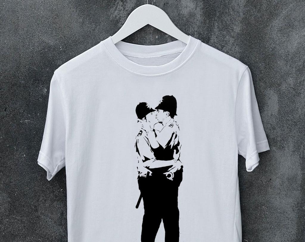 Banksy Police Officer Kissing Street Art Graffiti T shirt Man's, Woman's, Kid's size, Tops Tees, Gift, Meme, Music, Movie, T shirt