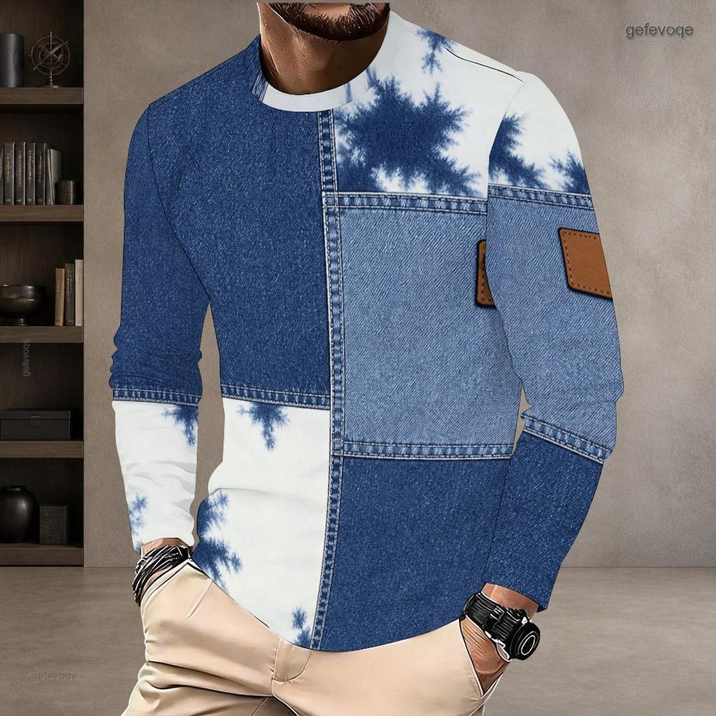 Men Plus Size Round Neck Long Sleeve Printed T Shirt White Blue Khaki Casual Pullover Straight Hem