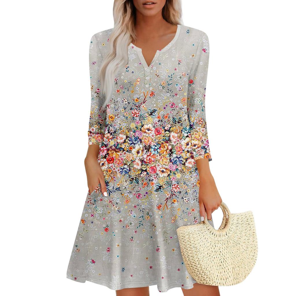 Women's Summer Dress Loose V Neck Three-quarter Sleeve Sundress With Pockets Dress