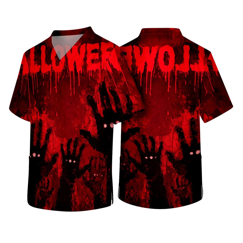Men's V Neck Short Sleeve Halloween Print Medical Scrub Top with Chest Pocket and Two Lower Pockets Suitable for Healthcare Professionals
