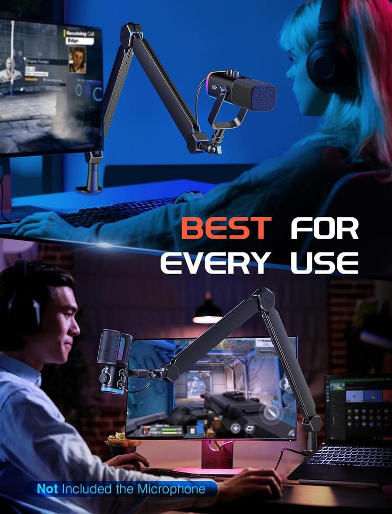 FIFINE Boom Arm Microphone Stand, Desktop Microphone Stand with Extension Pole, Telescoping and Folding, 360° Rotation, Adjustable Angle, 14" To 38"