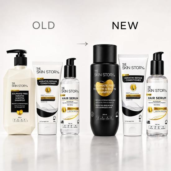 The Skin Story Keratin Shampoo Conditioner UV Protection Hair Serum Combo Kit Pack | Repairs, Nourishes, & Tames Frizz| For All Types Hair
