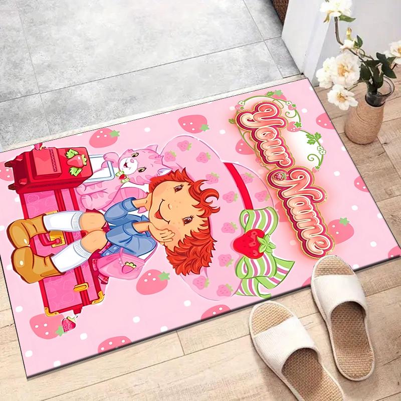 Princess Strawberry Design Area Rug Personalized Name- Non-Slip, Soft & Cozy Floor Mat for Living Room, Office - Indoor/Outdoor Carpet