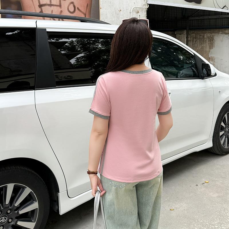 Large Size Contrasting Stripes V-neck Short-sleeved T-shirt Spring and Summer New Slim-fitting and Thin Top 212079