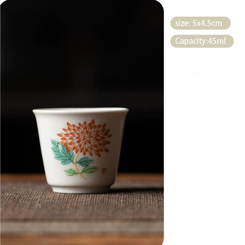 1 ks čínský retro ručně vyráběný keramický čajový šálek s ručně malovaným květinovým vzorem, čajová miska s kravatou, čajová sada Guanyin Pu'er, porcelánový čajový šálek 45ml