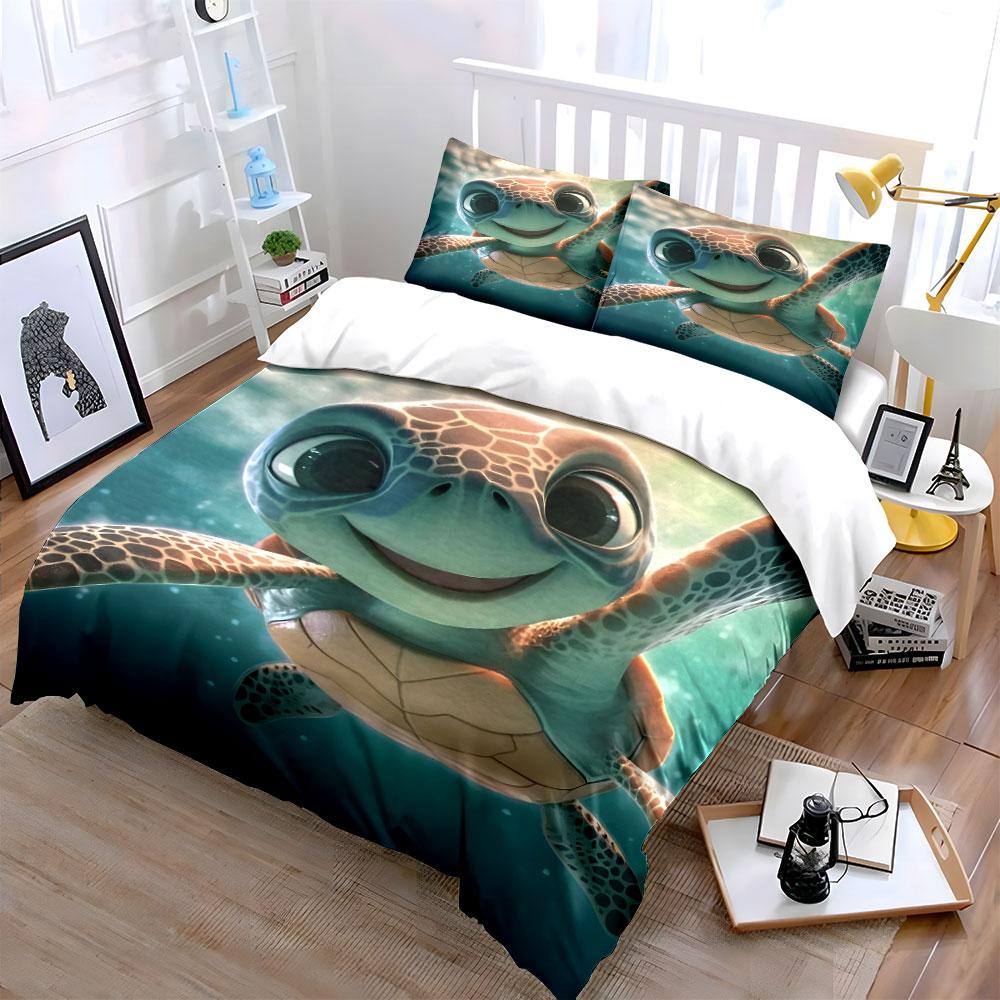 Smiling Animated Sea Turtle. Print Bedding Set 1 Duvet Cover 2 Pillowcases For Adult And Children Luxury Gift Full Size
