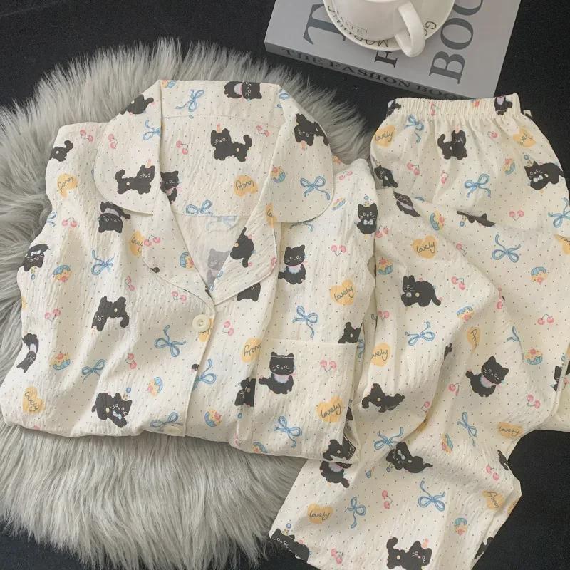 "Dámské bavlněné pyžamo s třešňovým medvídkem - Jaro/Podzim, Dlouhý rukáv, Roztomilý kreslený svršek"