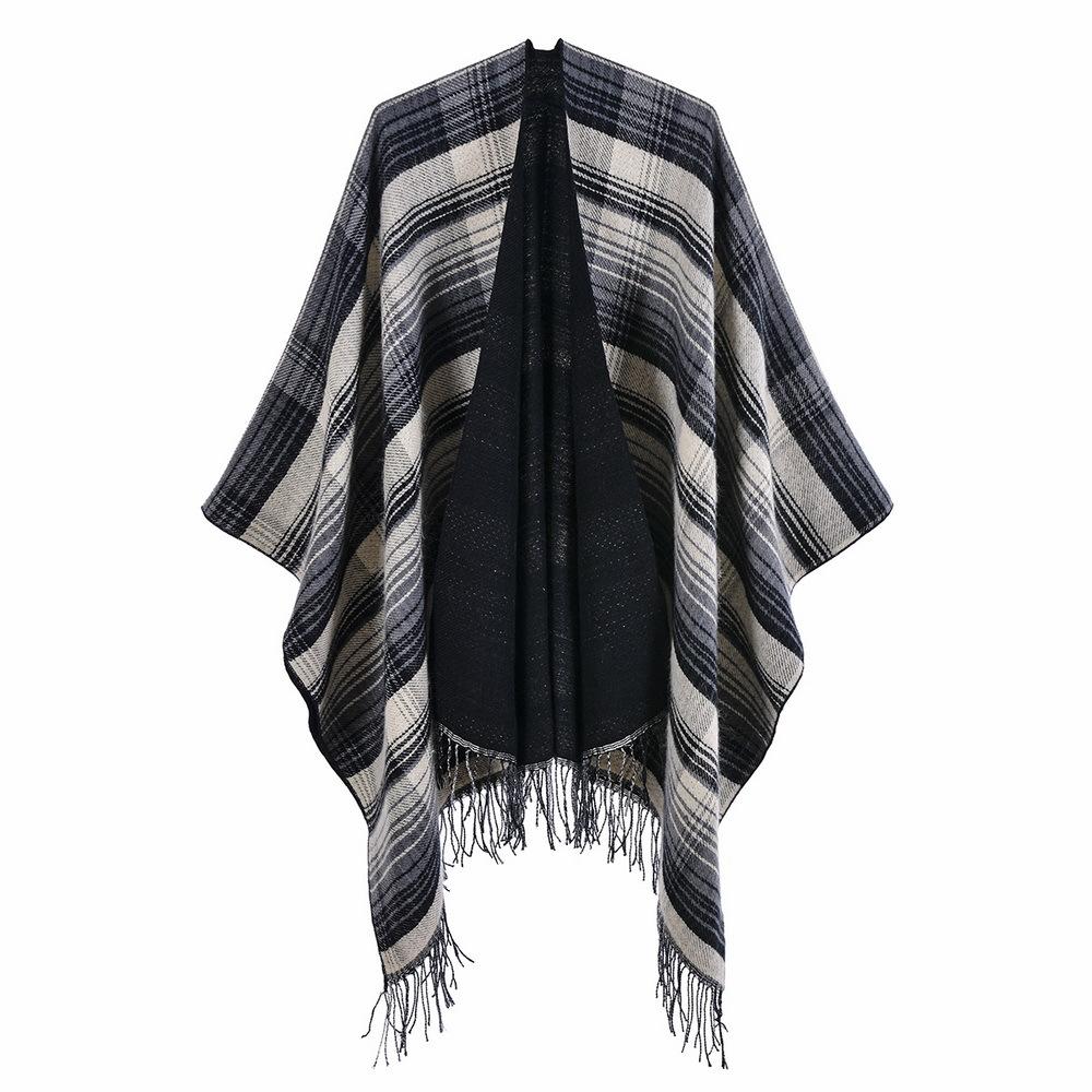 Scottish Classic Plaid Tassel Thick Warm Split Shawl Cape