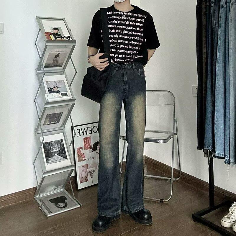 

Мужские джинсы микро-клеш с высокой посадкой, ретро-голубые - Стройнящие, свободные широкие брючины, длиной до пола, трендовый стиль S синий