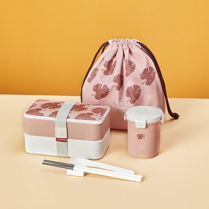 CNCrown Double-Layer Bento Box Set with Water Cup and Drawstring Bag
