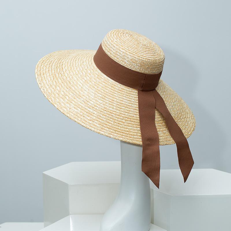 Female Natural Stiff Wheat Straw Boater Hat Summer Flat Top Fedora Hat Women Wide Brim Sun Hats for Travel Beach Jazz Panama New