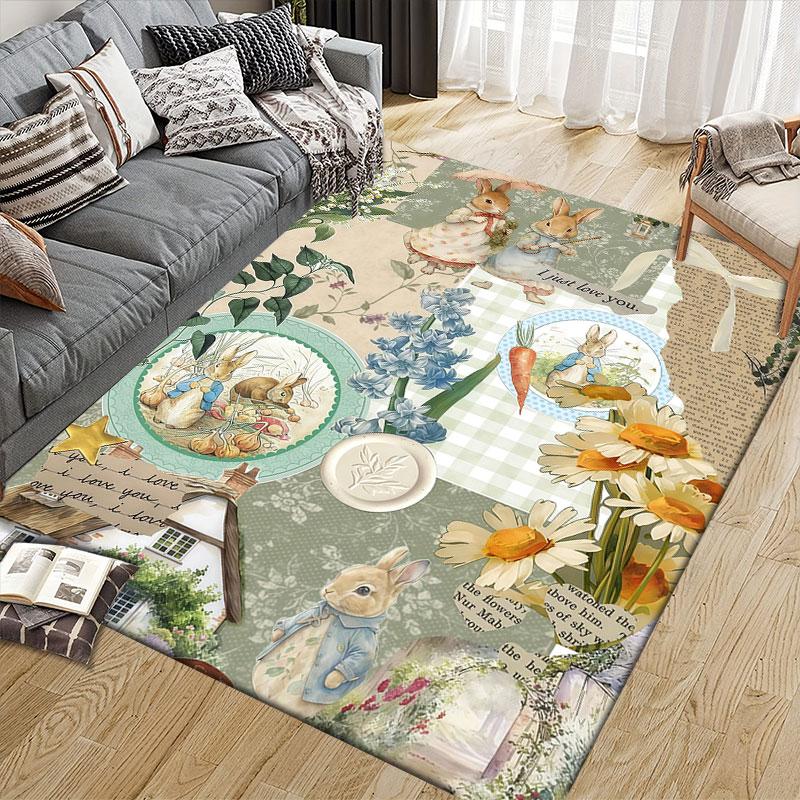 Peter Rabbit Flannel Printed Carpet, Home Sofa Decoration for Living Room & Bedroom, Non‑Slip Play Flannel Floor Mat for Game Room