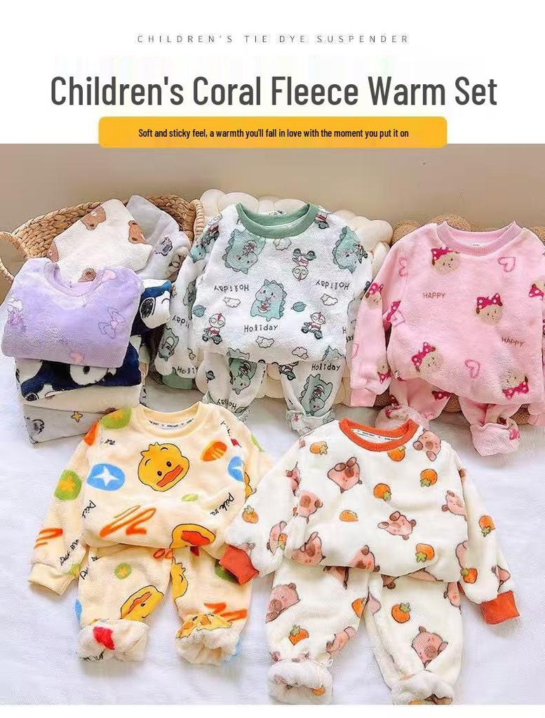 Children's Coral Fleece Flannel Pajamas - Cartoon Round Neck, Thickened Velvet Set for Boys, Girls, Babies