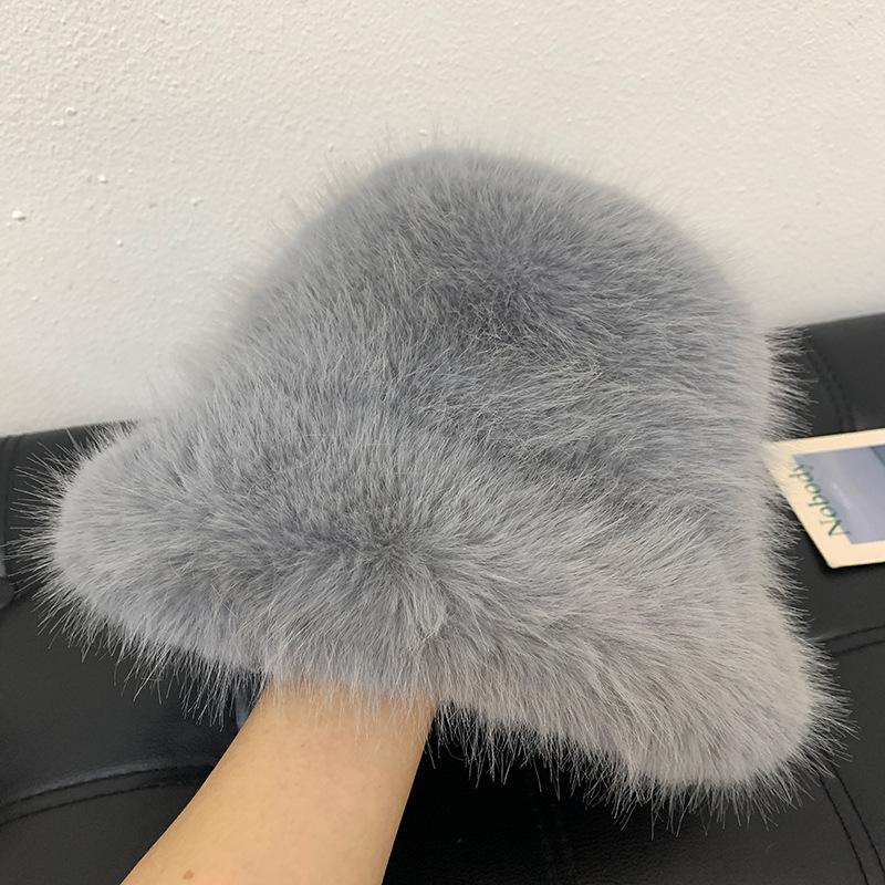 High sense imitation fur mink fluffy bucket hat female lady wind big head circumference plush hat winter warm pullover hat