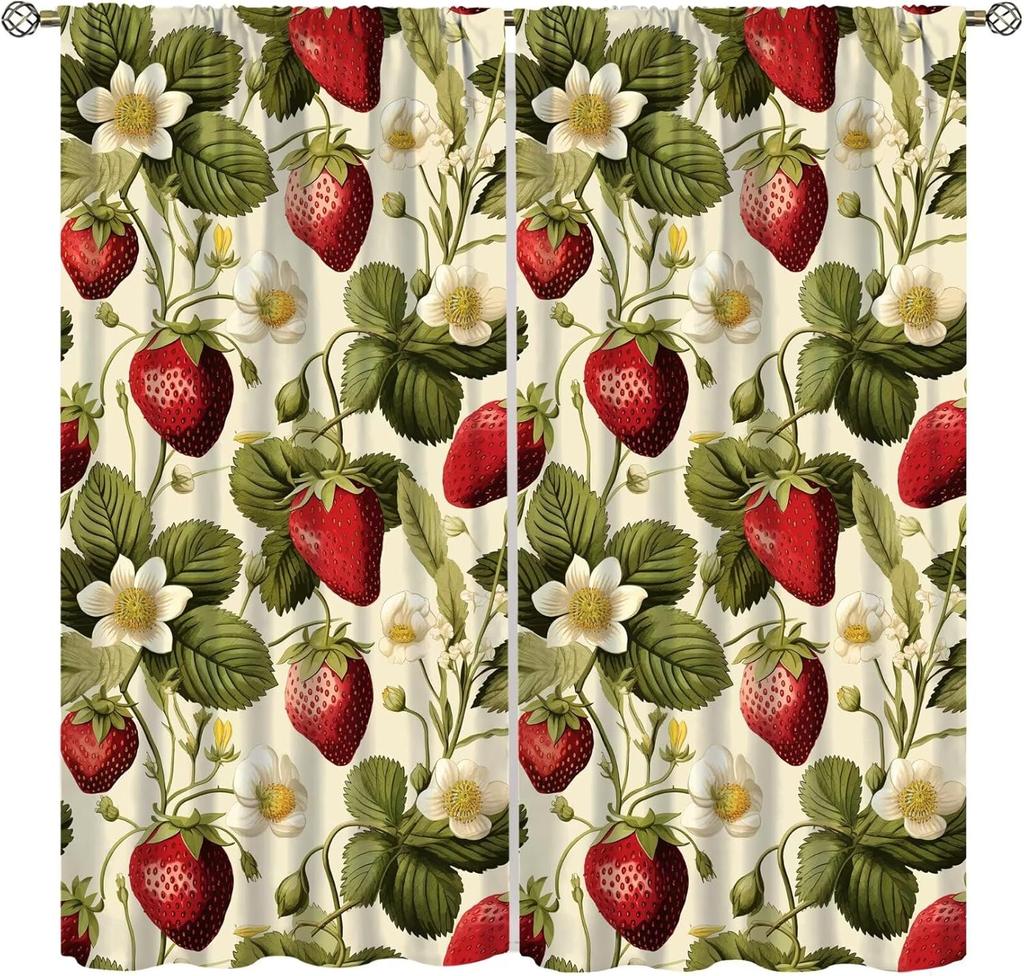 Erdbeer Frucht Blume Niedliche Vorhänge Groovy Funky Trendige Blumenbedruckte Stangentasche Fensterbehänge für Mädchen Schlafzimmer Wohnzimmer