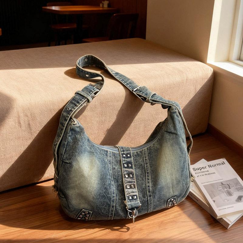 Tragetasche mit großem Fassungsvermögen, Tasche aus gewaschenem Denim, Einzelschultertasche, Pendler-Umhängetasche