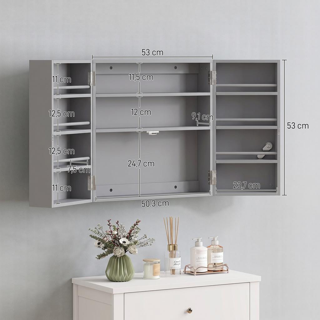 Wall-Mounted Medicine Cabinet, Double Lockable Doors, 2 Keys, 53 x 20 x 53 cm, Grey