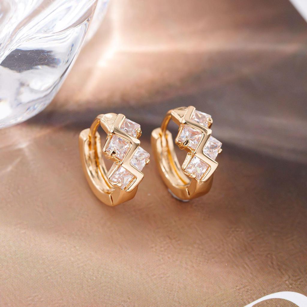 Korean-Style Geometric Earrings: Two-Color Gold & Silver Zircon Studs