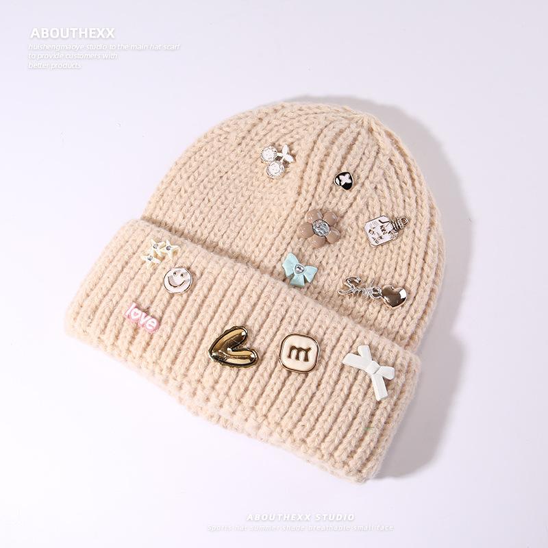 New Autumn and Winter Hat Women's Multi Button Thick Thread Knitted Woolen Hat Warm Ear Protection Bag Head Hat Pullover Cold Hat