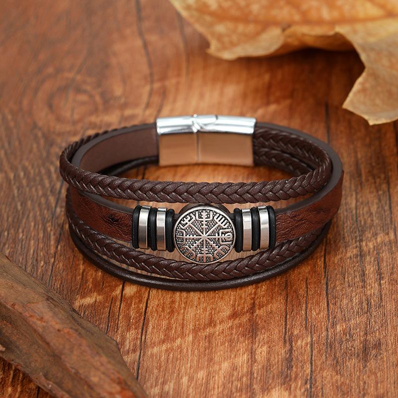 Multilayer Braided Leather Bracelet With Viking Compass Round Pendant Punk Men's Wristband