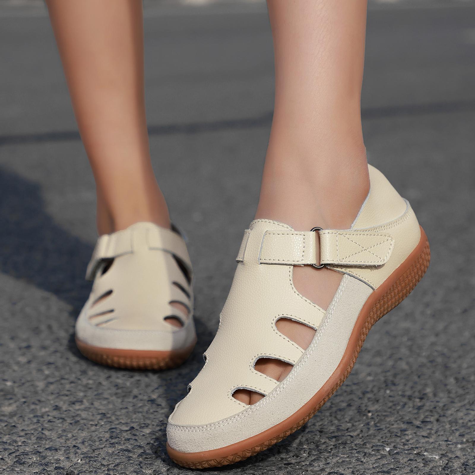 

Женские кожаные сандалии Повседневные летние с закрытым носком Пляжные сандалии На плоской подошве Удобные 36 бежевый